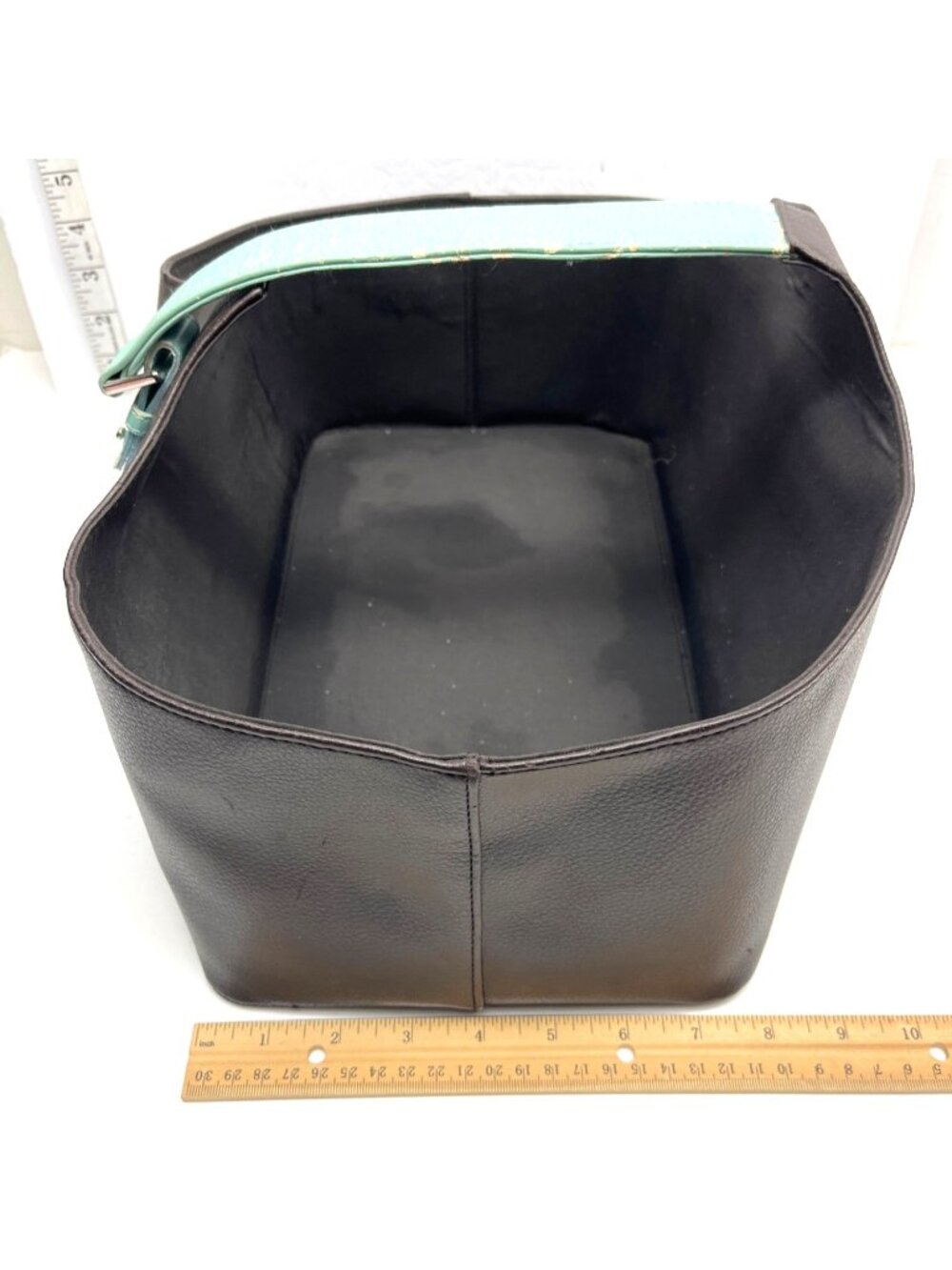 Brown Faux Leather Basket Organizer W/ Teal Handle 15"x8"x7" Preowned C132 - Picture 7 of 7